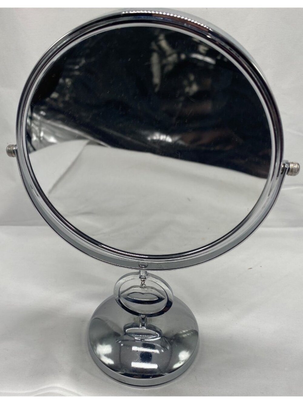 Double-Sided Pedestal Vanity Makeup Mirror Chrome Finish & Lip Charm